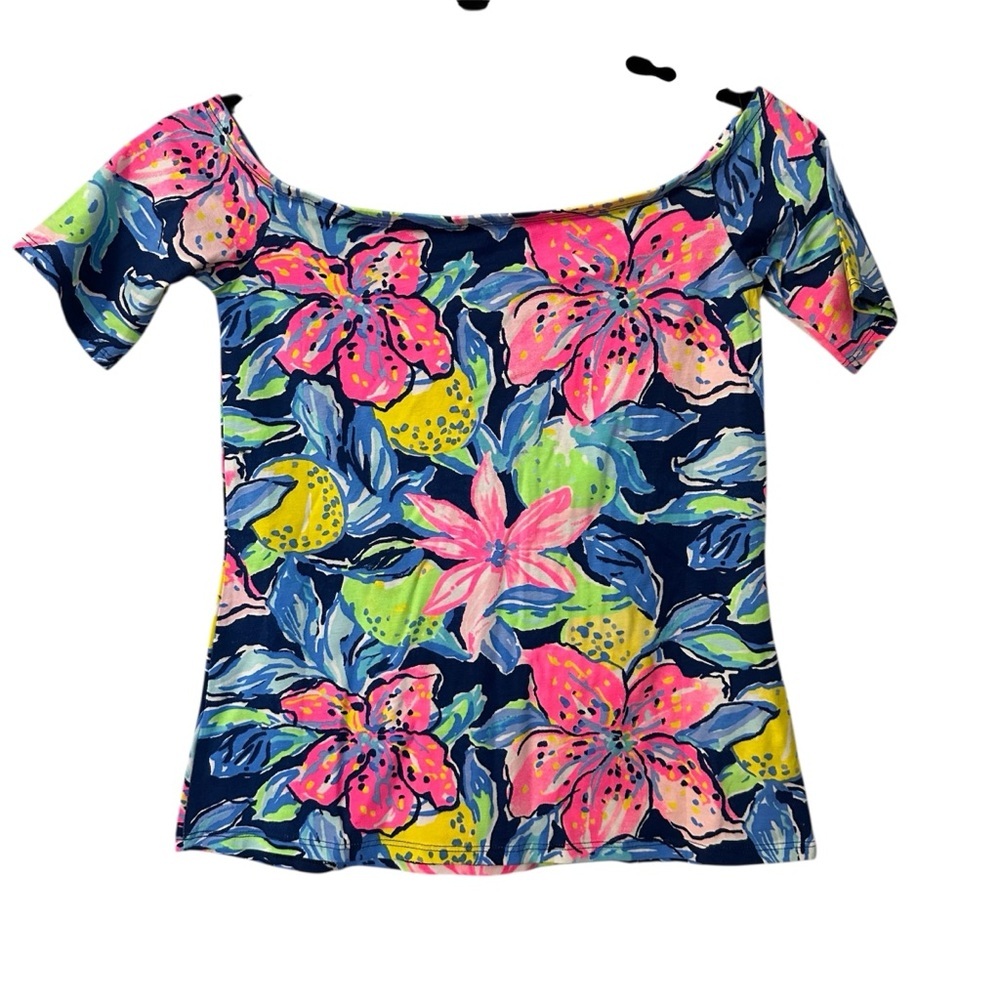 Lilly Pulitzer Keira Off the Shoulder Short Sleeve Top in Nauti Navy Sz XXS NWOT